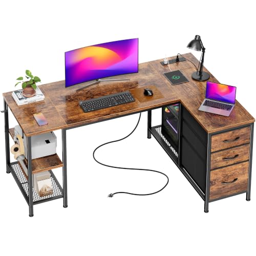 Rustic Brown 47.2-Inch L-Shaped Office Desk with Power Outlets and 3 Drawers