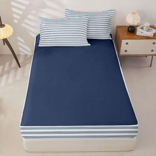 Navy Blue & White Zipper Bedding Set - Twin Size with Comforter & Sheets - Variation: Navy Blue White