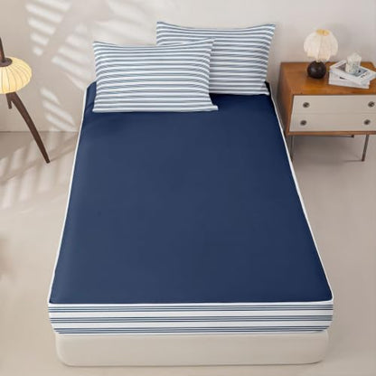 Navy Blue & White Zipper Bedding Set - Twin Size with Comforter & Sheets - Variation: Navy Blue White