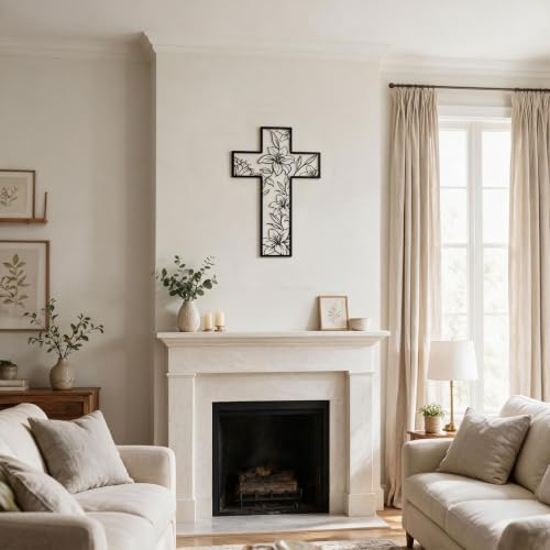 Floral Cross Wall Art Decor with Lily Design, Metal Religious Artwork