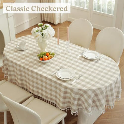 Laolitou Checkered Oval Tablecloth - Beige Washable Cotton Linen Gingham 60x84 Inch with Tassels - Oval Variation