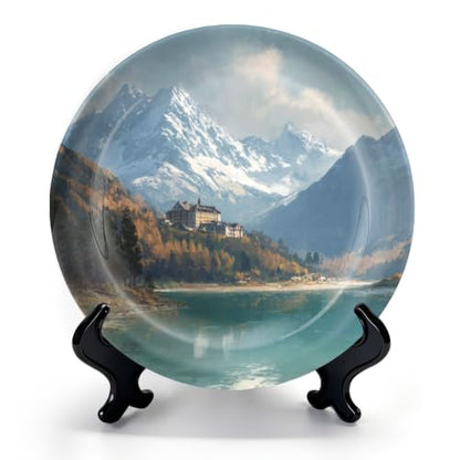 Mountain Lake Switzerland Ceramic Decorative Plate 8x8 Inch with Stand - White Elephant Gift