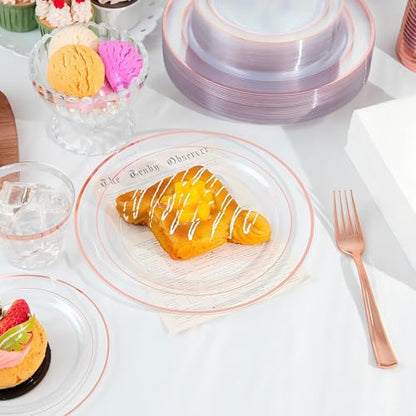50 Guest Rose Gold Plastic Dinnerware Set for Weddings & Parties