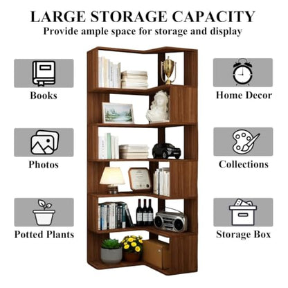 Walnut 6-Tier Corner Bookshelf Tall L-Shaped Bookcase for Home Office and Living Room