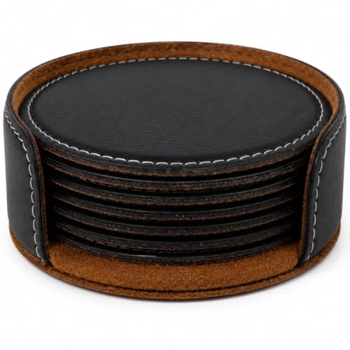 Black 4-Inch Round Leatherette Drink Coasters 6 Pack - Table Protectors