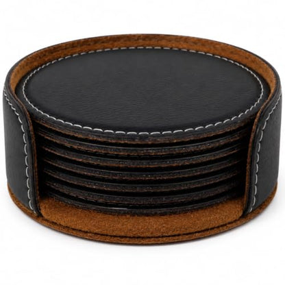 Black 4-Inch Round Leatherette Drink Coasters 6 Pack - Table Protectors