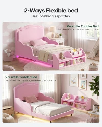 Pink Toddler Twin Bed with Montessori Bookcase Teddy Fleece & Guardrails
