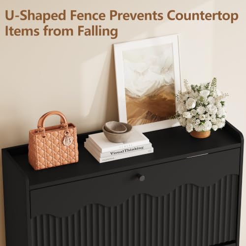 Slim Shoe Storage Cabinet with Flip Drawers and Wave-Edge Panels