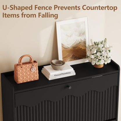 Slim Shoe Storage Cabinet with Flip Drawers and Wave-Edge Panels