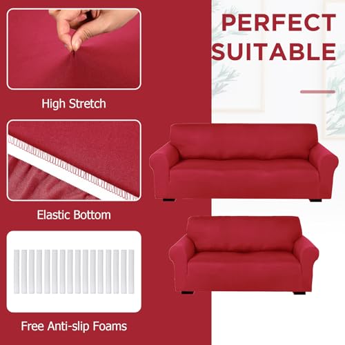 Peryiter Couch and Loveseat Sofa Covers Set - Xmas Red Milk Silk, Non Slip, Elastic