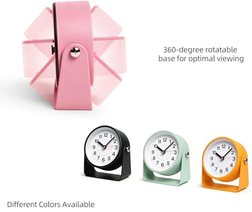 Pink 3.5-Inch Retro Analog Alarm Clock Silent Metal Table Desk Clock with Light