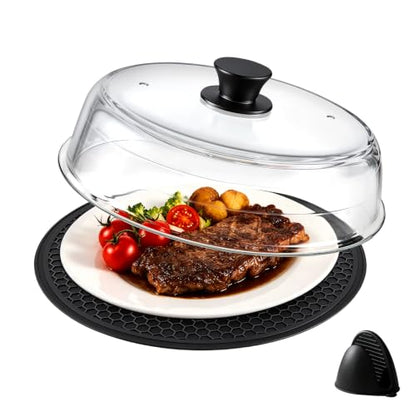 3-in-1 Microwave Splatter Cover Set with Glass Dome, Silicone Mats & Oven Mitts