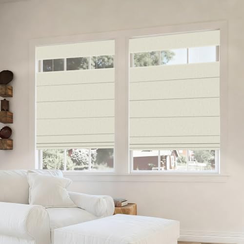 Beige Top Down Bottom Up Roman Window Shades - No Drill Cordless Blackout Insulated Blinds, 27x36 Inches