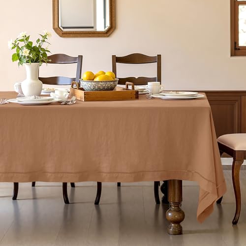 Beige Hemstitch Linen Tablecloth 90x60 Inch - Fall Table Decor