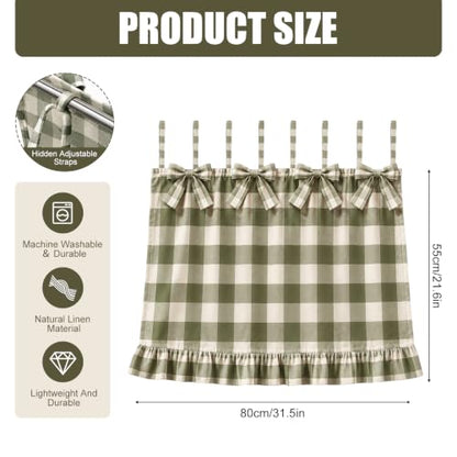 Farmhouse Sage Green Oven Skirt Curtain with Tied Bows - Coarse Check Pattern