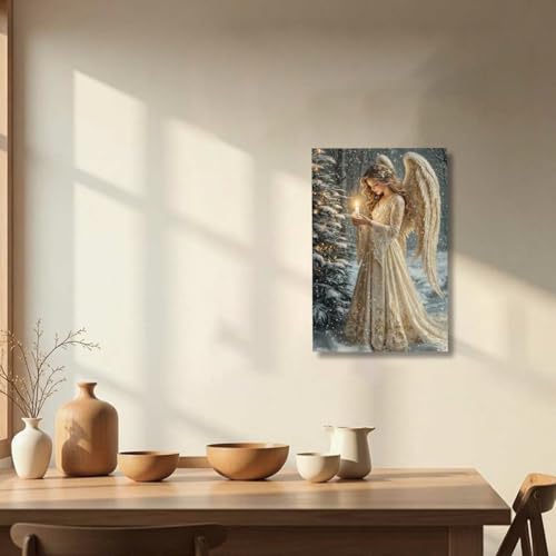 Christmas Angel Wall Art Canvas Print - White Angel Girl & Tree Decor 20L x 16W
