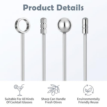 20 Pcs Stainless Steel Cocktail Picks Set - Reusable Martini Garnish Skewers