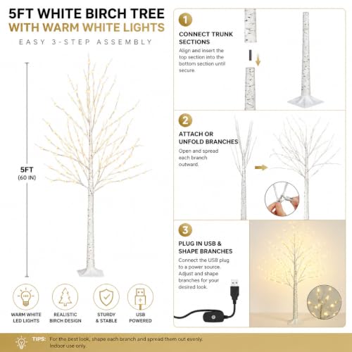 5FT Birch Tree with Lights - Indoor Outdoor Decor with 96 LEDs & Adjustable Branches