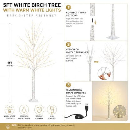5FT Birch Tree with Lights - Indoor Outdoor Decor with 96 LEDs & Adjustable Branches