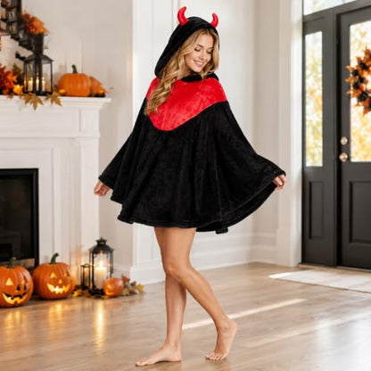 Women's Devil Horn Hooded Fleece Cape Poncho Halloween Costume - Black