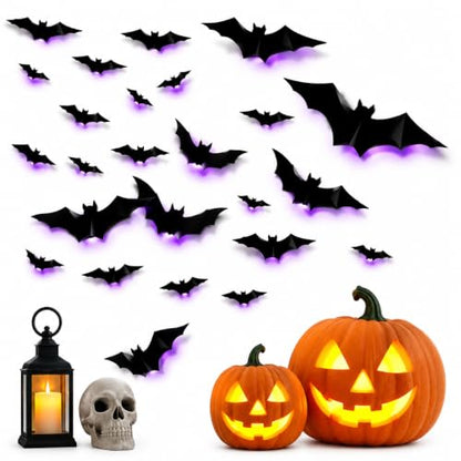 Spooky Glow 3D LED Bat Wall Decor Set - 12 Reusable Hanging Halloween Bats