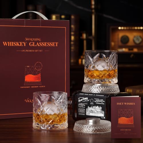 Spinning Whiskey Glasses Set of 4 with White Ice Mold - Elegant Barware