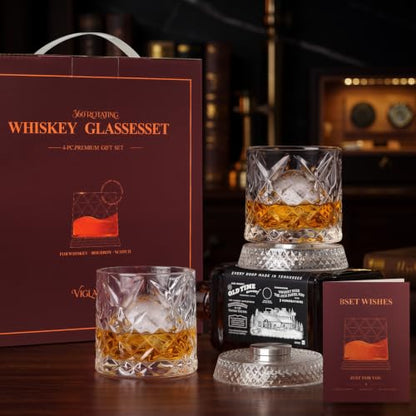 Spinning Whiskey Glasses Set of 4 with White Ice Mold - Elegant Barware