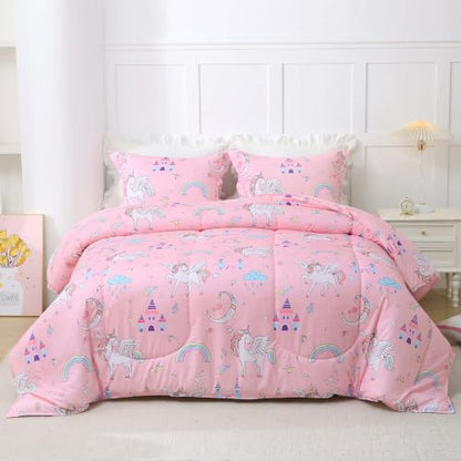 Pink Unicorn Kids Twin Comforter Set - Microfiber Bedding for Girls