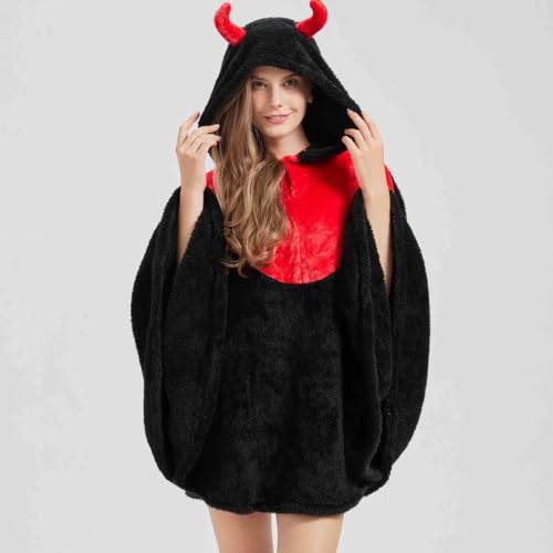 Women's Devil Horn Hooded Fleece Cape Poncho Halloween Costume - Black