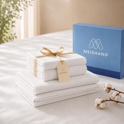 Queen Egyptian Cotton Bed Sheets with 16-Inch Deep Pockets, White - Luxury Bedding Set