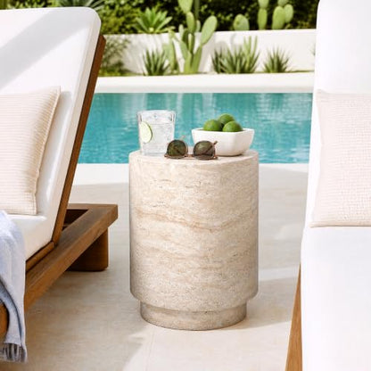Ivory 18-Inch Round Side Table - Travertine-Style Cement Drum Accent
