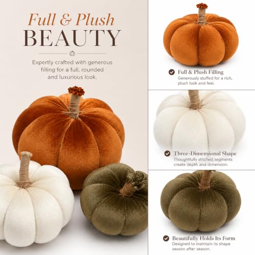 Velvet Pumpkin Set of 3 - Handmade Fall Decor for Home, Rustic Thanksgiving Centerpiece, Autumn Harvest Mantel Shelf Decorations, Orange Ivory Sage Green