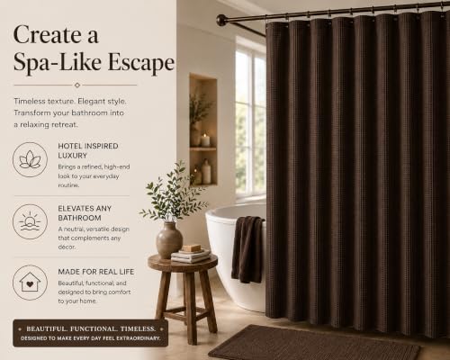 Brown Hotel Style Waffle Weave Shower Curtain - Textured Fabric, Water Resistant, 72x70 Inch, Machine Washable