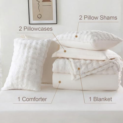 Queen Size Faux Rabbit Fur Comforter Set with Detachable Blanket - Cream White, 6 Pieces - Downcool
