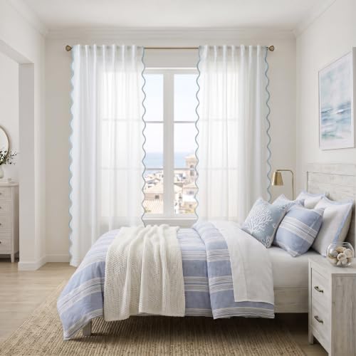Light Blue and White Scalloped Curtains 50W x 63L Set - Semi-Sheer Drapes for Bedroom & Living Room
