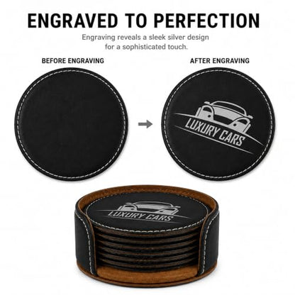 Black 4-Inch Round Leatherette Drink Coasters 6 Pack - Table Protectors