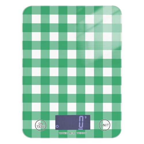 QwThum Food Scale Kitchen Digital Scale Food Ounces and Grams Dieting Baking Cooking Waterproof Glass Panels LCD Display,4 Units Scale Tare Function Gingham Green