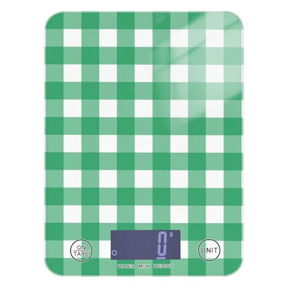 QwThum Food Scale Kitchen Digital Scale Food Ounces and Grams Dieting Baking Cooking Waterproof Glass Panels LCD Display,4 Units Scale Tare Function Gingham Green