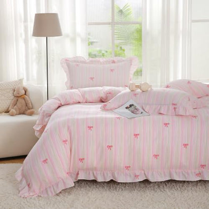 Pink Striped Bow Queen Duvet Cover Set with Ruffles - Romantic Bedding
