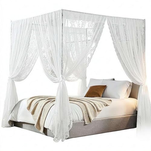White Lace Canopy Bed Curtains Set - 8 Panels for Queen Bed 39x79, No Pole