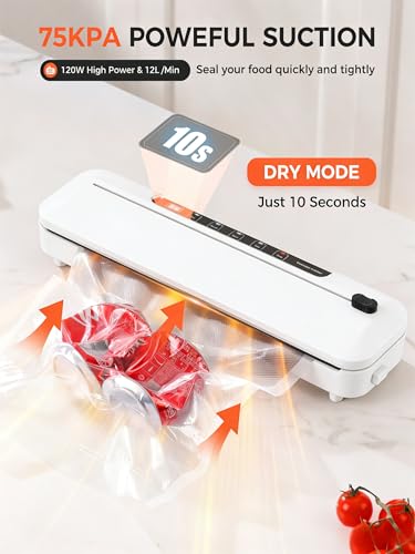 Vacuum Sealer Machine 75KPa 6-in-1 Dry Moist Modes Digital Timer White