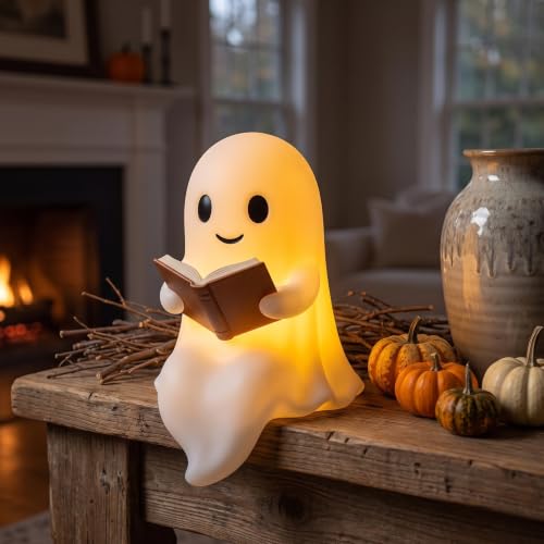 Cute Ghost Reading Book Halloween Ornament - Light Up Indoor Decor