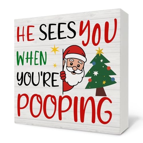 Funny Christmas Santa Bathroom Wooden Sign - Pooping 02 - Rustic Toilet Decor - 5x5 Inch