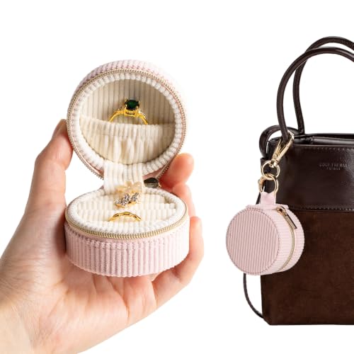 Pink Velvet Jewelry Travel Case with Keychain - Small Ring & Earring Organizer