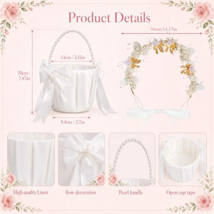 Wedding Flower Girl Basket with Pearl Handle & Headpiece Ivory Set