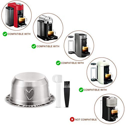 Grasseed Refillable Vertuo Capsule, Reusable Stainless Steel Vertuo Pod Kit with 40 Foil Lids, Spoon, Brush, Brew 7.8oz- Compatible with Vertuoline Machine