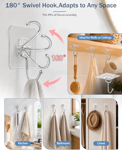 Heavy Duty Clear Adhesive Wall Hooks 12 Pack Supports 44 lb - No Nails