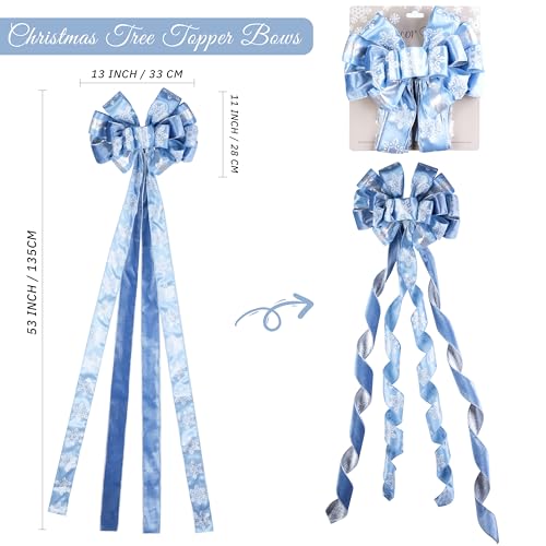 Dusty Blue and Silver Christmas Tree Topper Bow - 13 x 53 Inches - Handmade, Glitter Snowflake & Striped Design