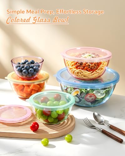 Glass Mixing Bowls Set with Lids - 5 Sizes Kitchen Prep Storage