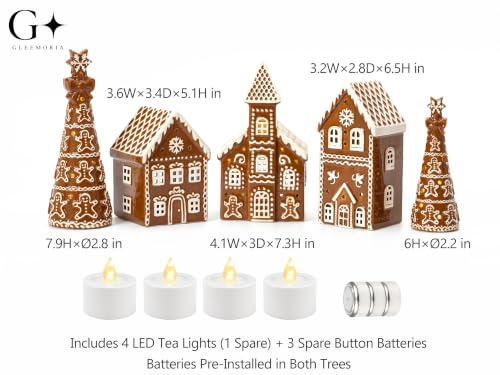 Gingerbread Christmas Decorations Set with Tea Lights - Ceramic Village Scene, Holiday Home Decor